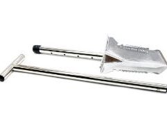 Nokta Stainless Steel 31.5" to 38" Serrated Edge T-Handle Premium Shovel Product Description: This Nokta shovel is heavy duty and will fit a wide variety of applications on your treasure hunts. The shaft is collapsible, adjusting from 31.5" to 38". The T-Handle gives you added leverage when you are scooping and twisting in tightly packed soils. The blades on each side and the pointed end make easy work of any highly compacted dirt or terrain. With a wide foot rest, you won't feel the stainless steel bite through to your foot as you press the blade into the earth.
