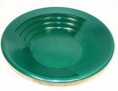 14 Inch Super 3-Stage Gold Pan - SP14 - Green Pan three times as fast as you would with a conventional gold pan! This pan has three surfaces that perform specialized tasks: 1. The coarse riffled area is used to "rough out" the majority of material. 2. The textured area is used to pan any remaining black sand. 3. The "smooth surface" is used until only the gold remains. The Super Pan is 14 inches in diameter, green in color for good visual contrast and comes with a lifetime guarantee.