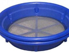 Blue Classifying Sieve - 30 Mesh Keene’s stackable Blue Classifier sieves enable you to stack several sieves together for graduated classification. The sieves lock into position with a 1.5 inch gap between the screens which allows you to stack screens and size your material all at once. The compact stack-ability makes transporting into remote areas a breeze, not to mention storage and shipping becomes a snap. 13 sieves in stack up into a 12 inch tall stack! The Blue Sieves fit over most 5 gallon buckets and is constructed with stainless steal mesh and high impact plastic frame. Mesh size: .03" Dimensions: Top 14” - Bottom 11“ - Height 3”