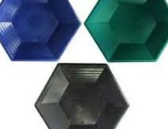 THE HEX GOLD PAN - Assorted Colors As Available The Hex Pan design combines a coarse and fine gold recovery trap plus "V" traps with it's unique hexagon shape. First, use the large riffle traps and pan out your material. Then, bring the material from the large traps to the small traps by tilting the material to the small riffles and pan down the remaining material. Then, bring the material over the micro riffles for fine gold and black sand separation. Finally, move the material from the small traps to a "V" trap in one of the corners of the pan and easily pour your gold from the "V" trap down the grove. Durable Hard Plastic Composition 15 inches x 13 inches x 3 inches Bottom Diameter: 7 Inches "The feature that I most like about this pan is that allows me to spread out my material over a FLAT surface with many riffle options for better control than a circular pan". Joey Wilson ~ Prospecting Channel