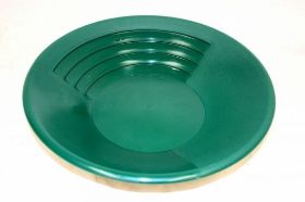 14 Inch Super 3-Stage Gold Pan - Green 14 Inch Super 3-Stage Gold Pan - SP14 - Green Pan three times as fast as you would with a conventional gold pan! This pan has three surfaces that perform specialized tasks: 1. The coarse riffled area is used to "rough out" the majority of material. 2. The textured area is used to pan any remaining black sand. 3. The "smooth surface" is used until only the gold remains. The Super Pan is 14 inches in diameter, green in color for good visual contrast and comes with a lifetime guarantee.