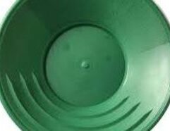 The 1849 Gold Pan (Green) This is our best gold pan for beginning panners. An 11 inch plastic gold pan with deep rifles, a big bottom and a deep drop from the sloped sides to the bottom. Green but also available in black. Made in the USA. #-5066-Green Made in the USA