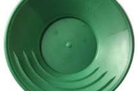 1849 Gold Pan (Green) - 11" The 1849 Gold Pan (Green) This is our best gold pan for beginning panners. An 11 inch plastic gold pan with deep rifles, a big bottom and a deep drop from the sloped sides to the bottom. Green but also available in black. Made in the USA. #-5066-Green Made in the USA