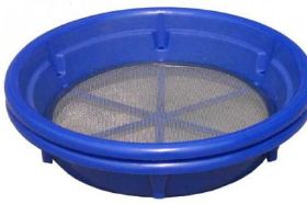 Blue Classifying Sieve - 12 Mesh Blue Classifying Sieve - 12 Mesh Keene’s stackable Blue Classifier sieves enable you to stack several sieves together for graduated classification. The sieves lock into position with a 1.5 inch gap between the screens which allows you to stack screens and size your material all at once. The compact stack-ability makes transporting into remote areas a breeze, not to mention storage and shipping becomes a snap. 13 sieves in stack up into a 12 inch tall stack! The Blue Sieves fit over most 5 gallon buckets and is constructed with stainless steal mesh and high impact plastic frame. Mesh size: .08" Dimensions: Top 14” - Bottom 11“ - Height 3”