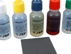 Gold Test Kit 10K, 14K, 18K, 22K Gold and Silver Test Acid Kit Tools 5 Bottles of Testing Acid This is a new set of 4 bottles of testing acid. Each bottle contains 1/2 fl oz of acid. Sturdy plastic bottles maximize safety and allow the user to easily squeeze out one drop at a time. You receive: One bottle of 10 karat gold testing acid One bottle of 14 karat gold testing acid One bottle of 18 karat gold testing acid One bottle of 22 karat gold testing acid One bottle of silver testing acid Due to testing acid being classified as a hazardous material it cannot be shipped by air and can only be shipped to the lower 48 states. Acid Test Stone This is a new acid testing stone This stone is used to test 10K, 14K, 18K, 22K and silver Use this stone with acid solutions It measures approximately 1 7/8" x 1 1/2" x 1/4" (48 x 37 x 6 mm)