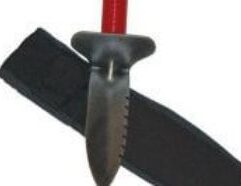 Lesche Digging Tool with Left Serrated Blade and No Slip Handle - 12" Overall Length - LESCHE-48-Left The Lesche Digger is a premium quality tool designed to easily cut through roots and tough ground conditions. Safely and easily recover valuable targets with ease. Includes cordura sheath. The Lesche Left digging tool is made for right handed folks, since the serrations on the left side of the blade. This makes it easier to pull towards you with your right hand.