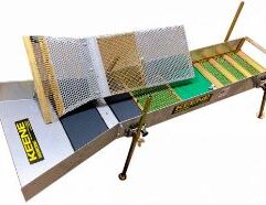 New A52S Super Sluice Box PRODUCT DETAILS Our Super Sluice Box is the first sluice that allows you to dump unclassified material through the box at much higher volumes than ever thought possible while still retaining fine gold! Not only does this sluice a eat material like no other, it is the easiest and fastest sluice to set up in the world. I can't tell you how many times it took me 20, 30 minutes, even an hour in some cases, walking up and down the river looking for just the right depth of rocks, water flows, etc. Now it takes only a few minutes to set up and get to work. Equipped with our upgraded Mini Max folding Leg system that a articulates 4 different positions independently. Each leg travels up and down as well. The screen system features a mix of grizzly bars, a punch plate and woven wire which quickly classifies the material and drops the water speeds underneath to at least half! This allows the riffles to do their job in ideal conditions. We are using a mix of carpets, expanded metal, Hungarian riffles and our world famous Miracle matting. This combination provides the ultimate in regenerative riffle design that works even in heavy black sand areas. The variety of rifle designs performs exceptionally well in a multitude of conditions and is very forgiving if you tilt the box to the side or have disruptions in the water flow. It really holds on to the gold! We have manufactured this sluice box with the highest possible quality we can achieve. The legs, latches, screens, and riffles are simply bulletproof and should last for years. The performance of this sluice box is "by far superior to anything on the market” We simply blow the competition away. This sluice box will find you more gold than any other box out there and you will not find a better sluice box to expand into dredges, high bankers and more than the Keene Super Sluice. Net Weight 18.5 lbs