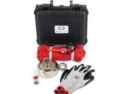 BRUTE BOX DOUBLE SIDED 2,600 LB MAGNET FISHING SET The original all-in-one Brute Box kit with everything you need to start magnet fishing now comes in a double-sided version. This handy waterproof hardshell plastic carrying case includes one double sided magnet (4.57" - 2,600 lb combined pull), cut resistant gloves, threadlocker, and 65 feet of 1/3" double braided rope with carabiner, nestled in a custom foam insert. Buy now and see what you can discover! SKU: 116DS-CASE Magnet Specifications: Dimensions: 4.57” x 1.58” Hole Diameter: 0.47” (12mm) Material: NdFeB Magnet + A3 Steel Casing + Two 304 stainless steel eyelets Coating: NiCuNi Pulling Force: 2,600 lbs combined (1,300 lbs per side) Magnet weight: 7.40 lbs Double Braided Rope Specifications: Double Braided Polyester 65 feet 3,840 lb Breaking Strength 1/3" diameter (8mm) 8 inner strands Rot and UV Fading Resistant Not suitable for climbing High quality carabiner rated to 5,600 lbs Case Specifications: Outside Dimensions: 13.75" x 11.75" x 6.00" Inside Dimensions: 12" x 9" x 4.25" Black high impact polypropylene plastic IP 67 Waterproof Rating Includes knob with O-ring for manual pressure adjustment Two draw latches ensuring a tight seal Two padlock holes for additional security Holds one double sided 2,600 LB magnet - 4.57" diameter