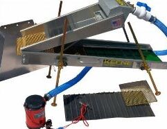 MiniMax Power Sluice Concentrator - MMPSCK The new and improved Mini Max Power Sluice Concentrator is the multi-tool of prospecting. We have changed our updated machine from a double pump system to one single, larger pump. The new pump provides not only greater water flow and higher head lift but also a larger diameter pressure hose which creates a higher flow than the double pump system. We've also doubled the hose length to 8 feet, added a new ball valve for precise flow control and a screw on connector that requires no tools. Whether you are working river banks, desert placer's or just cleaning concentrates for larger dredges and equipment, the Mini Max is a prospecting tool that will always be part of your arsenal. This multi purpose package includes a removable mat for the lower sluice box, converting it to a professional clean up machine simply by sliding out the green rubber riffle and replacing it with Miracle Matting. It is also supplied with an additional finer woven mesh screen on the top hopper for using it as a concentrating system. Another new improvement is that the Mini Max is powered by a single 2200 GPH, 12 volt pump made proudly in the U.S.A. The top hopper is equipped with a flood header that provides smooth water flow through the trough, over a slick plate and in to a 6 inch section of miracle mat that gives you a preview to any captured gold! The top sluice lifts off easily so you can inspect the lower sluice, eliminating the need for cleaning. The material is then washed over a removable classifier grizzly screen, removing the oversized waste gravel. The bottom sluice box is lined with our green rubber riffle that recovers ultra fine gold and can handle larger volumes of material. When used as a concentrating system, the lower sluice is partially covered by oversized expanded metal. When used as a power sluice you can expect a capacity of up to a quarter of a yard per hour and about a third of its capacity when used as a concentrating machine. This Mini Max can also be operated by a small, single gas powered pump such as our P90G Pump Kit. This device is ideal for backpacking given it folds up into an compact size of 36 by 14 by 7 inches and weighs under 23 pounds. The four independent legs fold up with our new pin-lock folding system with large wing nuts that make it a breeze to adjust elevation and articulation. The Mini Max also includes a mountable flare for use as a hand sluice. Net weight 23 pounds. Shipping weight 29 lbs.