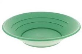 Basic Gold Pan - 10" Green Basic Gold Pan - 10" Green This 10-inch green plastic gold pan is an excellent finishing pan. The smaller riffles allow you to move unwanted material off the edge faster than deep-riffled gold pans. Just be careful not to work too fast or you'll lose your gold, keep an eye on the black sand. This is a shallow bottom gold pan made from tough durable plastic.