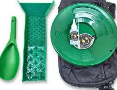 Description: Adventure Sluice Box Gold Pan Kit - Green | Gold Prospecting Equipment Discover the excitement of gold prospecting with our Gold Pan Kit, designed for both adults and kids. This comprehensive starter kit includes everything you need to start panning for gold like a pro. Using the Dream Mat Adventure Sluice, you'll gather concentrates with ease, turning even novices into experts at collecting fine gold. The proven World Class Recovery technology of Dream Mats makes it simple to catch gold and pan out the concentrates, even in heavy black sands. Key Features: Easy for Beginners: With Dream Mats, developing good panning techniques for fine gold becomes effortless. Tested by Experts: Seasoned prospectors have tested and proven these sluices, ensuring they catch the fine gold and do all the hard work for you. Portable and Convenient: This kit is compact enough to fit in your backpack or under your vehicle seat, perfect for pros on the go. If you find a promising spot while exploring, you'll have everything you need to start panning right away. Complete Kit: Comes with a backpack to keep all your gear organized, ensuring you're always ready for your next adventure. Kit Includes: 12" Gold Pan Prospector's Sand Scoop 16"x 4" Adventure Sluice Duffel Bag to Fit All the Gear Snuffer Bottle Vial Snuffer Gold Vial Experience the thrill of panning for gold with a kit that's fun for the whole family. Colors of shovels will vary, adding a unique touch to each kit. Get your Gold Pan Kit today and embark on your gold prospecting journey!