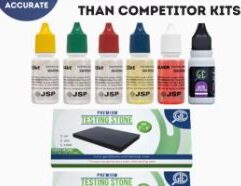 Gold Test Kit Description: ALL-IN-ONE GOLD AND SILVER TESTING & APPRAISAL KIT - Each Bottle contains enough solution for over 100+ Tests! 3X The size of competitor tiny bottles Includes 10K, 14K, 18K, 22K/24K, and Silver/Sterling testing solutions for evaluating precious metals and jewelry 2 Authentic GTE large 2''x4'' Test Stones with rubber backing for non-slip desktop testing GTE Neutralizer for cleaning the stone in between each test Easy-to-follow instruction booklet with color reaction chart included