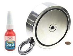 Brute Magnetics - 3,600 LBS (COMBINED) PULLING FORCE DOUBLE SIDED ROUND NEODYMIUM MAGNET - DS-135 Our largest and strongest magnet, this thing is a beast! This magnet was specifically designed with heavy retrieving applications in mind. You won't have to worry which way the magnet is oriented under water since each side provides up to 1,800+lbs of pulling force. The new design provides more versatility by allowing it to be used as a double sided, or single sided magnet. The eyebolt can screw into the side of the casing, or through the magnet face. Using this magnet in the single sided configuration will provide a much stronger hold since the user is pulling perpendicular to the target. Includes two M12 threaded eyelets. This magnet is made with A3 steel plate and coated with Nickel-Copper-Nickel to be the strongest and most durable type of permanent magnet available. Please note that holding power of 3,600 lbs is a combined maximum weight between the two magnets. Each side will produce around 1,800 lbs of pulling force. Includes 6ml bottle of thread locker to keep the eyebolt from backing out.